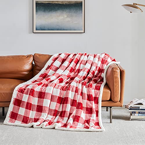 Sherpa Red and White Buffalo Plaid Christmas Twin Blanket 60" X 70", Fuzzy Fluffy Soft Cozy Blankets, Fleece Flannel Plush Microfiber Throw for Couch Bed Sofa (Red and White) - color: Red and White