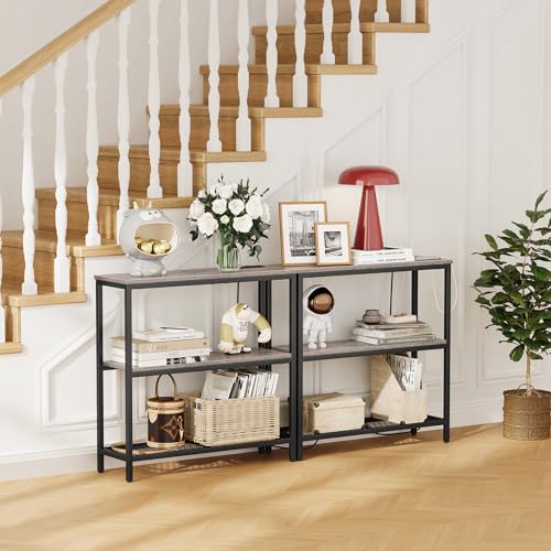 Snughome Console Table with Power Outlets, Entryway Table with Storage, Narrow Sofa Table with 3 Tier Shelves, 2 USB Ports, 2 Power Outlets, Hallway Table for Couch, Living Room, Entrance, Grey - color: Grey