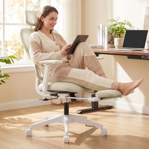 Ergonomic Office Chair with Footrest and Dynamic Lumbar Support, Cream | Reclining high-back computer chair, memory foam seat, 2D armrests, 2D headrest, mesh desk chair for home office, long hours - color: Beige