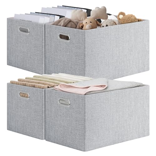 Posprica Closet Organizers and Storage, 4 Pack Large Linen Storage Bins, Decorative Shelf Storage Baskets for Organizing, Foldable Fabric Storage Box for Clothes, 16.5x12x10.25 Inch(Grey) - color: Grey, size: 16.5Lx12Wx10.25H