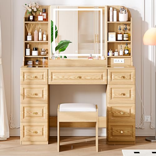 Arulvmrn 43" Makeup Vanity Desk with Mirror and Lights, & Power Outl, Glass Top Big Vanity Table with 9 Drawers& 8 Storage Shelves, Dressing Table Set with Chair for Bedroom, Wood - color: Wood