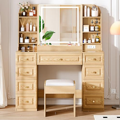 Arulvmrn 43" Makeup Vanity Desk with Mirror and Lights, & Power Outl, Glass Top Big Vanity Table with 9 Drawers& 8 Storage Shelves, Dressing Table Set with Chair for Bedroom, Wood - color: Wood