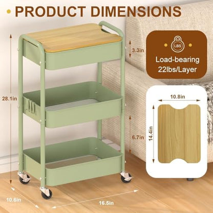 3 Tier Metal Utility Cart, Rolling Storage Cart with Wooden Tabletop, Metal Organizer Cart with Lockable Wheels for Office, Bedroom, Kitchen and Living Room (Green) - color: Green