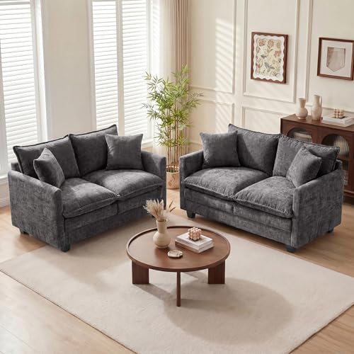 Loveseat Sofa Couch 2 Piece Set, Small Compact 50" Love Seat 27" Deep Cloud Sofa Set Washable Chenille Pillow Living Room Set for Apartment Office 50-Grey-2+2-1 - color: Grey, size: 50"+50"