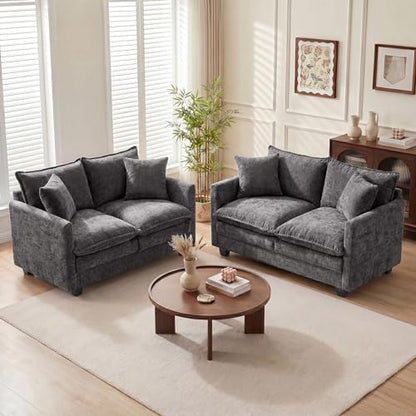Loveseat Sofa Couch 2 Piece Set, Small Compact 50" Love Seat 27" Deep Cloud Sofa Set Washable Chenille Pillow Living Room Set for Apartment Office 50-Grey-2+2-1 - color: Grey, size: 50"+50"