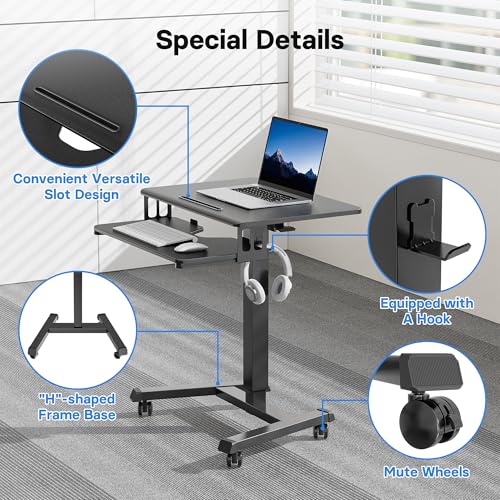 BONTEC Mobile Standing Desk with Keyboard Tray, Mobile Podium on Wheels | Rolling Laptop Sit Stand Desk, Adjustable Height Desk Up to 33lbs, Portable Computer Workstation Cart for Living Room, Office - color: Black