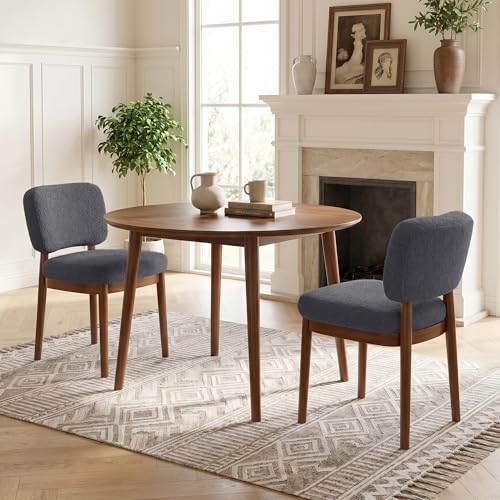 Wooden Dining Chairs Set of 2, Boucle Upholstered Kitchen Chairs with Solid Wood Legs, Mid Century Modern Dining Chairs, Farmhouse Side Chair with Hardwood Frame for Dining Room, Dark Gray - color: Grey, size: Set of 2