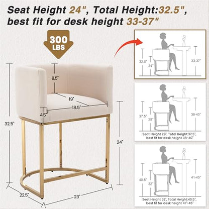 HNY Modern Counter Height Linen Cream Fabric Upholstered Counter Stool Set of 2, 24 Inch Kitchen Island Stool with Gold Metal Frame - color: 24inch Cream,gold Base