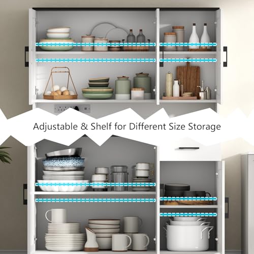 Gyfimoie 71’’ Farmhouse Kitchen Pantry Cabinet, Tall Storage Cabinet with Power Outlet, Freestanding Hutch with Drawer, 4 Adjustable Shelf & 6 Doors for Kitchen Living Room (White) - color: White