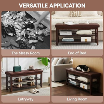 40" Entryway Bench, Shoe Storage Bench, Brown | Leather Cushion, Shoe Rack, End of Bed Bench for Front Door Entrance, Mudroom - color: Brown