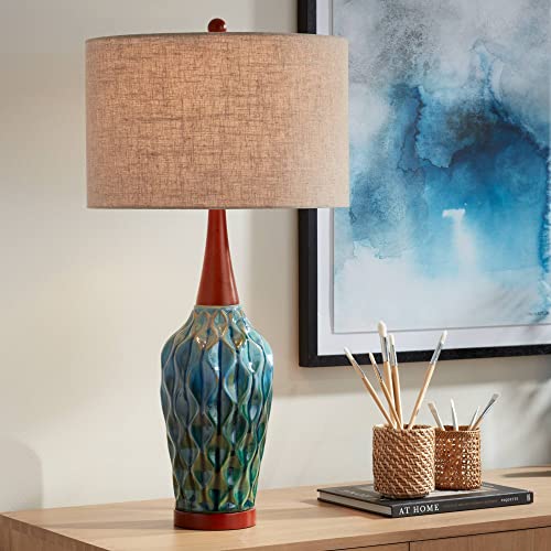360 Lighting Rocco 30" Large Table Lamp Blue Ceramic Teal | Colors May Vary. Mid-Century High Handmade Mid Century Modern Cottage Wood Living Room Bedroom House Bedside Home Linen Drum - color: Blue Teal Ceramic