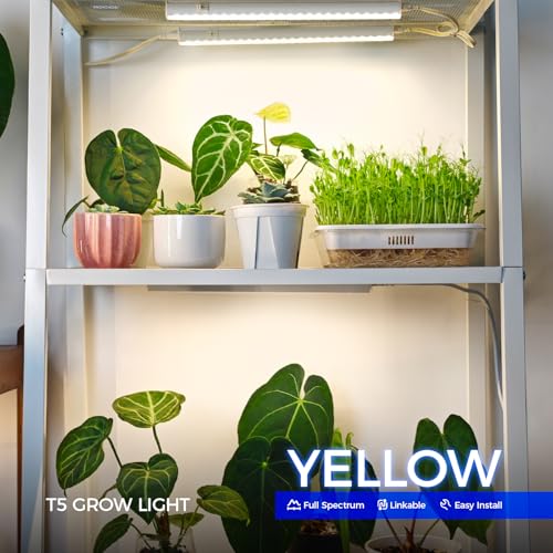 Barrina Grow Lights for Indoor Plant, Full Spectrum, T5 1FT Yellow, 4 Packs | White Cover Plant Growing Lamp, LED Grow Light Strips for Seedlings, Greens, Shelf, Plug and Play, Linkable, Separate On/Off - color: Yellow, size: 1ft-white Cover