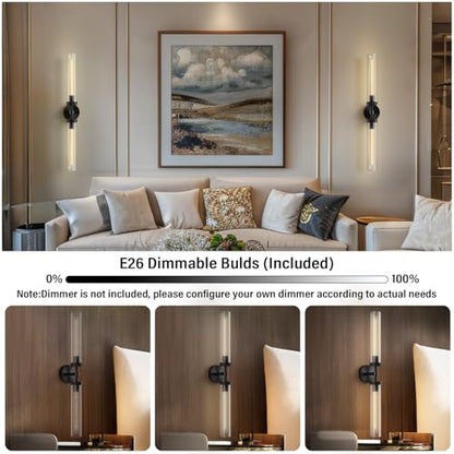 Brass Wall Sconces, 30in Black 2-Light Double Glass Sconces Wall Lighting, Bathroom Knurled Vanity Light Sconces, Wall Lights for Living Room Bedroom（Including Bulb） - color: Black- 30 inch-2 Pack, size: 2 Pack