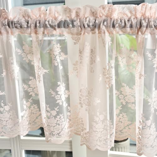 Kotile Blush Pink Sheer Valance Curtain for Windows W52 x L18 Inch 1 Panel | Rod Pocket, Textured Lace Gives Depth, Filters Light, Vintage Floral, Feminine Cottage Mood, Short Drop Balance, Privacy - color: Blush Pink