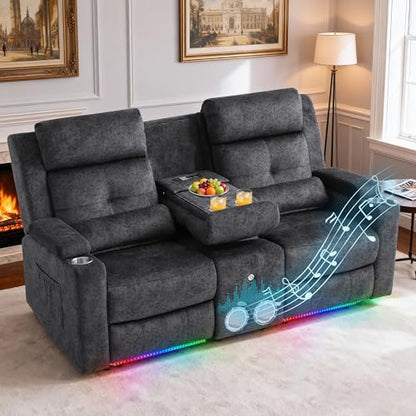 Power Reclining Sofa with 4 LED Lights, Bluetooth Speaker, Power Reclining Loveseat with Drop Down Table,Outlets, 3-Seater Recliner Sofa with Arm/Seat Storage(Grey, Loveseat with Console) - color: Grey, size: Loveseat with Console
