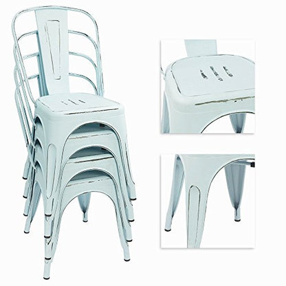 Devoko Metal Indoor-Outdoor Chairs Distressed Style Kitchen Dining Chairs Stackable Side Chair with Back Set of 4 (Blue) - color: Blue
