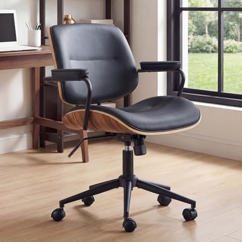 Mid Century Modern Office Chair with Armrest and Adjustable Backrest, Black | Wooden frame with armrests & adjustable backrest, swivel & height-adjustable, PU leather seat for home office comfort - color: Black