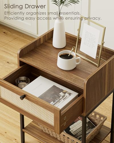 Masupu Rattan Nightstand,3-Tier Modern Bedside Night Stand with Storage Drawer and Shelf,Small End Side Table for Bedroom,Living Room,Walnut Brown (Without Outlet, Brown) - color: Walnut