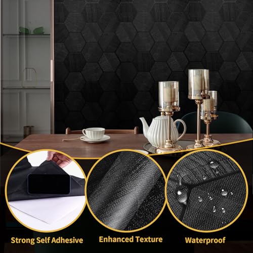 Self Adhesive Black Peel and Stick Wallpaper 15.7" X 78" 3D Hexagon | Geometric Embossed Contact Paper Removable Easy Peel Off Wallpaper Textured Wall Paper for Cabinet Bedroom - color: Black, size: 15.7" x 78"