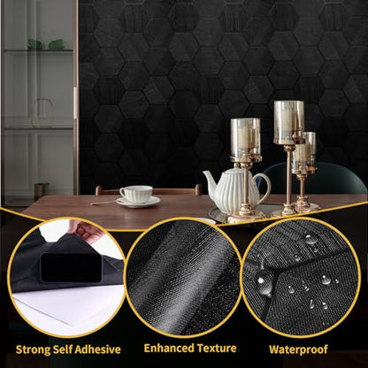 Self Adhesive Black Peel and Stick Wallpaper 15.7" X 78" 3D Hexagon | Geometric Embossed Contact Paper Removable Easy Peel Off Wallpaper Textured Wall Paper for Cabinet Bedroom - color: Black, size: 15.7" x 78"
