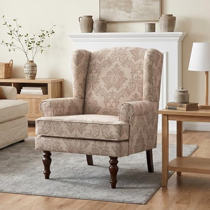 HUIMO Printed Wingback Accent Chair, Linen Upholstered High Back Armchair, Comfy Reading Chair for Living Room Bedroom Study, 300lbs Weight Capacity (1, Brown Floral) - color: Brown Floral