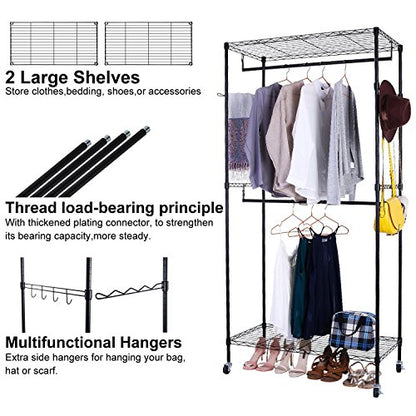 Black Double Rod Garment Rack with Wheels, Clothes Racks Storage for Hanging Clothes Heavy Duty (US STOCK)