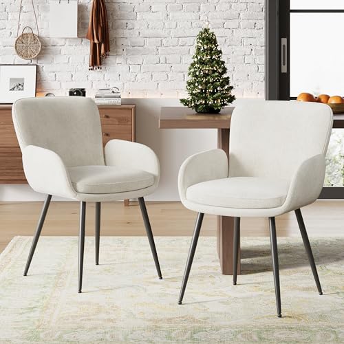 VKNOW Modern Upholstered Dining Chairs Set of 2 with Armrest, Beige | Armed Dining Room Chairs with Metal Legs, Kitchen Chairs for Restaurant, Kitchen, Living Room - color: Beige, size: Set of 2