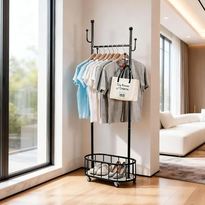 Free Standing Rolling Clothes Rack with Wheels Coat Rack - Black | Small Narrow Cloth Hanger Metal Garment Racks for Bedroom Livingroom Lab Dress Shirts Rack with Storage Shelves - color: Black