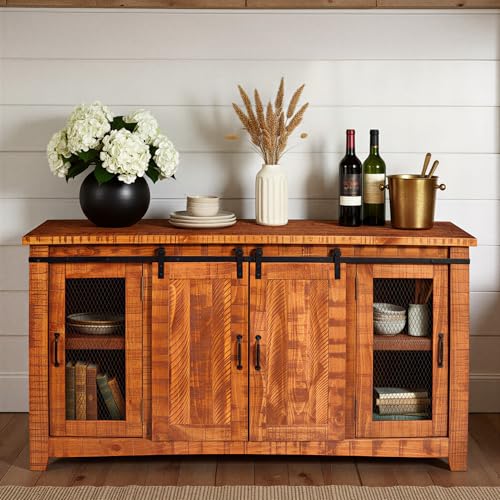 Martin Svensson Home Rustic 65" Wood Entertainment Center, Honey Tobacco | Solid Pine, TV Stand, Sliding Doors, Adjustable Shelves & Cable Management, for TVs up to 70" - color: Honey Tobacco