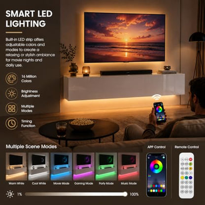 63" Floating TV Stands for Living Room w/ Storage, LED Entertainment Center | Fits TVs up to 70", Glossy Front, Hidden Storage, Wall Mounted, Cable Management, RGB LED, Easy to Clean, Modern Style - color: White