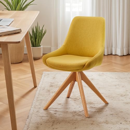 Swivel Desk Chair for Home Office, Oak Wood, Fabric, Yellow | No Wheels Design, Solid Wood Legs, Mid Century Modern, Upholstered, 360° Swivel, Low Armrests, Living Room, Bedroom - color: Yellow