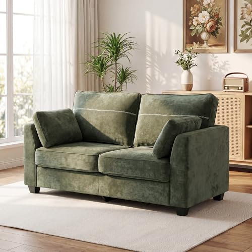65.4" Loveseat Sofa, Chenille Love Seat with 2 Pillows, Green | Easy Assembly, Pocket Spring Cushions, Comfy Modern Small Couch for Living Room, Bedroom, Apartment, Office - color: Green, size: 65.4" Loveseat Sofa