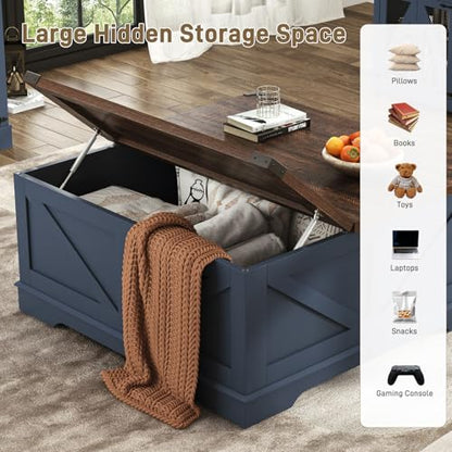 Hlivelood 40” Large Farmhouse Lift Top Coffee Table with Power Outlets and Large Hidden Storage, Square Wood Living Room Tables, Multi-Function Lift Wooden Barn Door Center Table, Blue - color: Blue