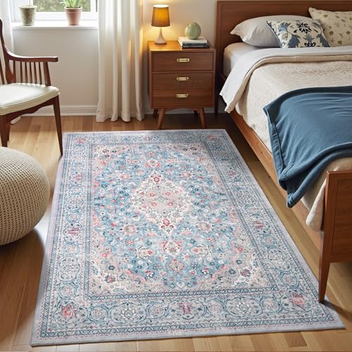 Blue Washable Boho Area Rug for Bedroom, 3x5 Vintage Floral Non Slip Rugs, Soft Low Pile Indoor Mat, Aesthetic Pattern Carpet for Living Room, Kitchen, Dining Room and Bedside - color: Blue, size: 3' x 5' (Rectangular)