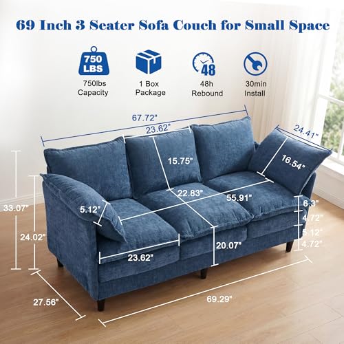 3 Seater Couch & Loveseat Sofa 2 Piece Set, Small 50" Love Seat & 69" Cloud 3 Seat Couch Sofa Set Washable Chenille Pillow Living Room Set for Apartment Office 50-Blue-3+2 - color: Blue, size: 50"+69"