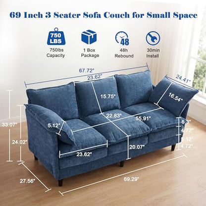 3 Seater Couch & Loveseat Sofa 2 Piece Set, Small 50" Love Seat & 69" Cloud 3 Seat Couch Sofa Set Washable Chenille Pillow Living Room Set for Apartment Office 50-Blue-3+2 - color: Blue, size: 50"+69"