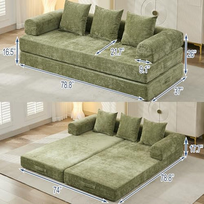 Convertible Folding Sofa Bed Modular Floor Couch, 78.8‘’ Cloud Sleeper Sofa with Removable Backrest, Chenille Foldable Mattress Couch, Lazy Loveseat for Small Space, Apartment, Bedroom, Green - color: #3-green