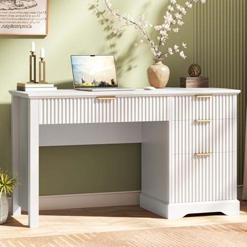 Vabches Fluted Executive Desk with Drawers, Wood Computer Desk with Ample File Drawer, Home Office Desk with Storage for Study, Bedroom, Living Room, White - color: White, size: 47.24"W x 19.69"D x 30.83"H