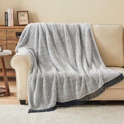 EMME Soft Sherpa Fleece Blanket with Tassel, Reversible Plush Fluffy Large Blanket, Light Weight Warm Decorative Boho Blanket Cover for Sofa, Couch, Bedroom,Travel(Tassel Navy,50"x60")