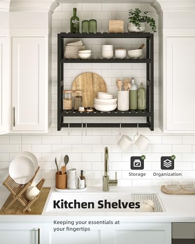 Galood Bathroom Shelves Towel Racks Over Toilet Storage with Bar (Inky) | 3 Tier Floating Wall Mounted Space Saving Bamboo Paper Holder for Bathroom Laundry Room Kitchen Organizers