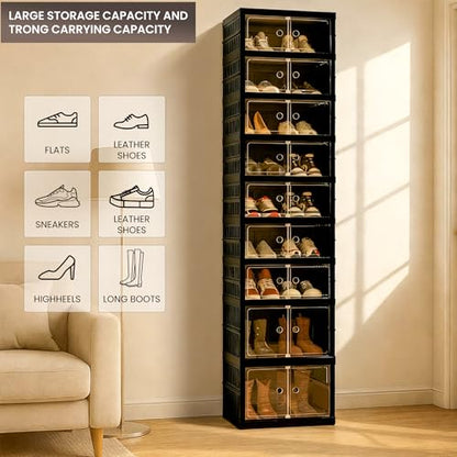 Foldable Shoe Organizer Storage Box, Portable Extra Large Folding Shoe Rack for Closet, Shoe Storage Box with Magnetic Transparent Door and Wheels, 9 Layers 18 Grids with 4 Big Grids - size: Black 9 Layers-C
