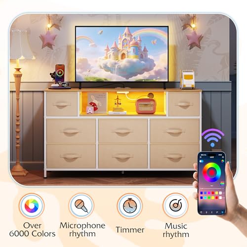 WLIVE LED Dresser TV Stand for 55 Inch TV, 8 Drawers, Cream White | Fits TVs up to 55 inch, 8 fabric drawers, LED chest of drawers, Built-in power outlet, Living room or bedroom - color: Cream White