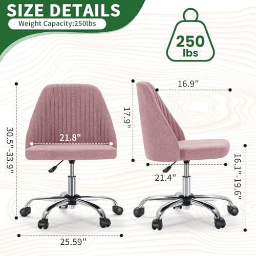 Armless Desk Chair with Comfortable Fabric Cover,Modern Home Office Chairs with Swivel Wheels for Computer Task Chairs Cute Vanity Chairs Adjustable Height for Living Room,Bed Room,Conference Office - color: Pink