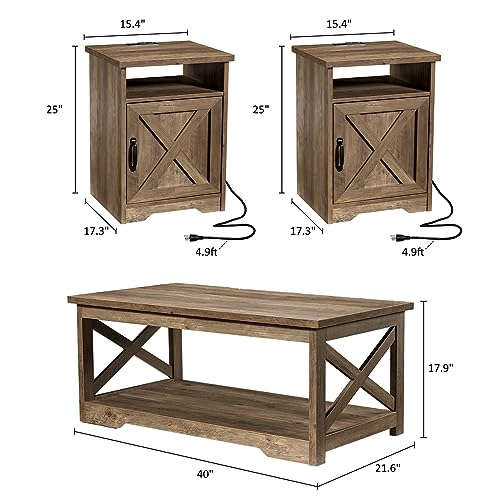AMERLIFE 3 Piece Farmhouse Living Room Coffee Table Set, Barnwood | Coffee Table & 2 End Tables with Charging Station and USB Ports, Farmhouse Style, Barn Door Design, Living Room Furniture - color: Barnwood