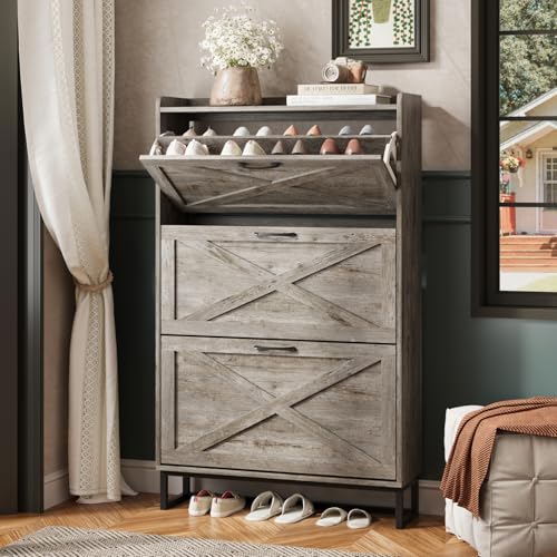 Maupvit Shoe Storage Cabinet with 3 Flip Drawers, Freestanding Organizer with Metal Legs for Entryway, Narrow Shoe Rack Cabinet, Light Rustic Oak - color: Light Rustic Oak, style: 3-Drawers