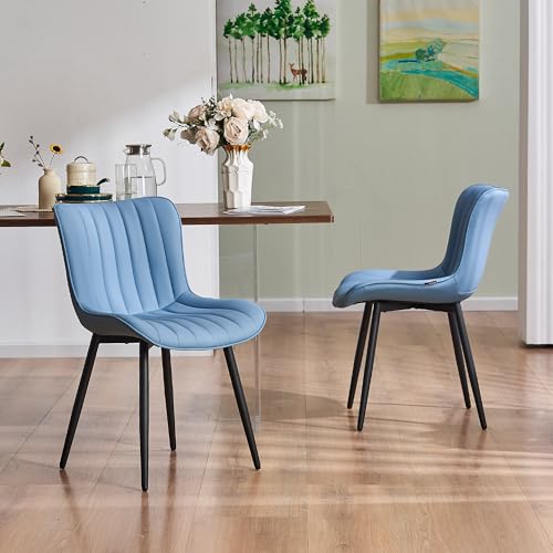 YOUNUOKE Dining Chairs Set of 2 Mid-Century Modern Kitchen Chairs Blue | Faux leather upholstered with Back, fits dining living waiting room guest reception. Waterproof easy to clean assemble, 300lb - color: Blue