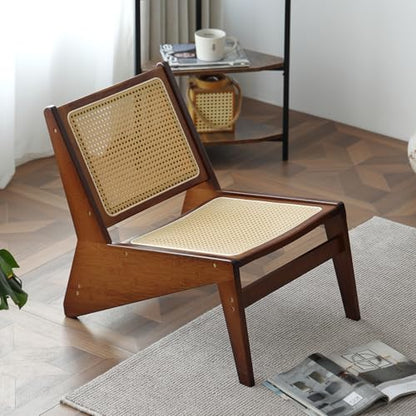 MBOOYOME Mid Century Modern Accent Chair, Compact Low-Profile Lounge Chair | Solid Wood Armchair with Woven Rattan Cane Seat and Back for Small Spaces, Bedroom, Reading Nook and Living Room, Walnut - color: Walnut