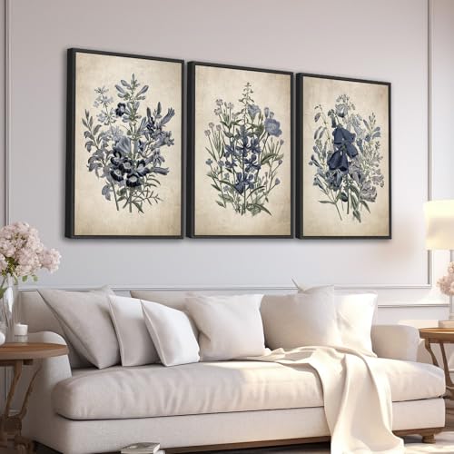 Large Framed Botanical Wall Art - Jane Loudon Floral Wall Decor 32"x48" Set of 3 Vintage Flower Painting Prints Retro Rustic Morning Glory Canvas Pictures for Living Room Bedroom Office Artwork - color: beige, size: 32"x48"x3 Framed