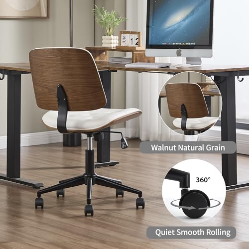 VipDesk Small Home Office Chair - Armless Mid Back Desk Chair with 360° Swivel and Wheels, PU Upholstered Height Adjustable Modern Walnut Computer Chair for Home, Office Meeting Room - White - color: White, size: Button Style