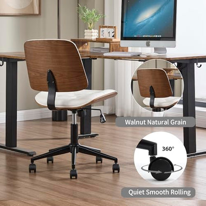VipDesk Small Home Office Chair - Armless Mid Back Desk Chair with 360° Swivel and Wheels, PU Upholstered Height Adjustable Modern Walnut Computer Chair for Home, Office Meeting Room - White - color: White, size: Button Style